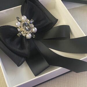 Black Ribbon Bow Brooch with Crystal Accent - Women Accessories
